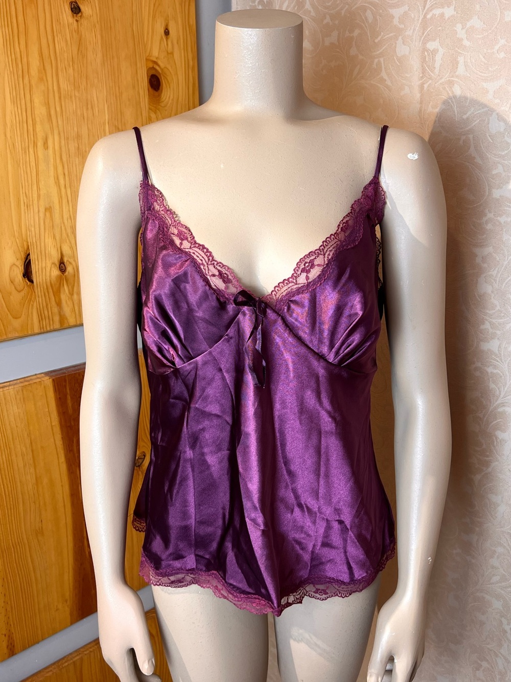 GEORGE Dark Purple Satin Slip Cami with Floral Lace Trim - Sz L